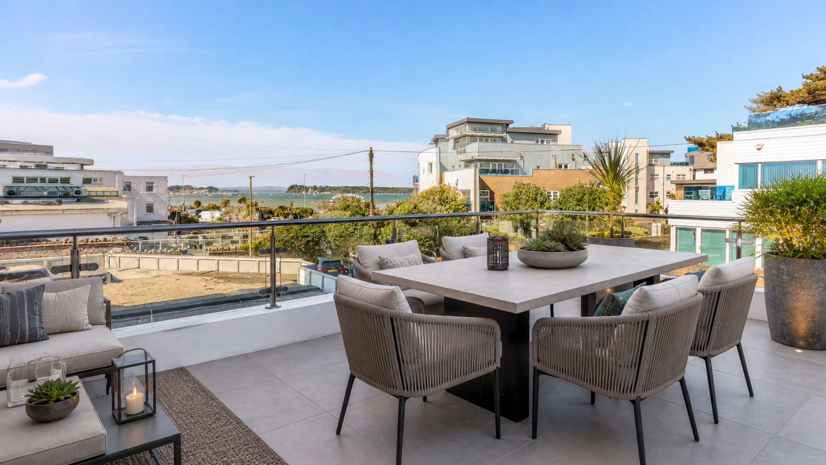 Harbour-facing dining terrace with evening sun